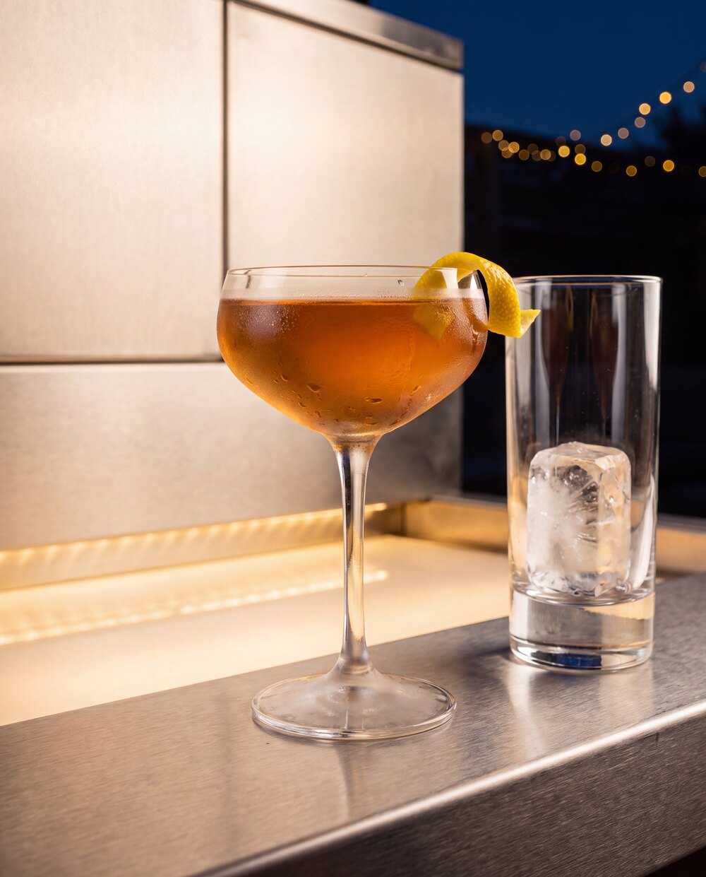 Nahaufnahme eines fertigen Cocktails auf der beleuchteten Theke des Airstream.