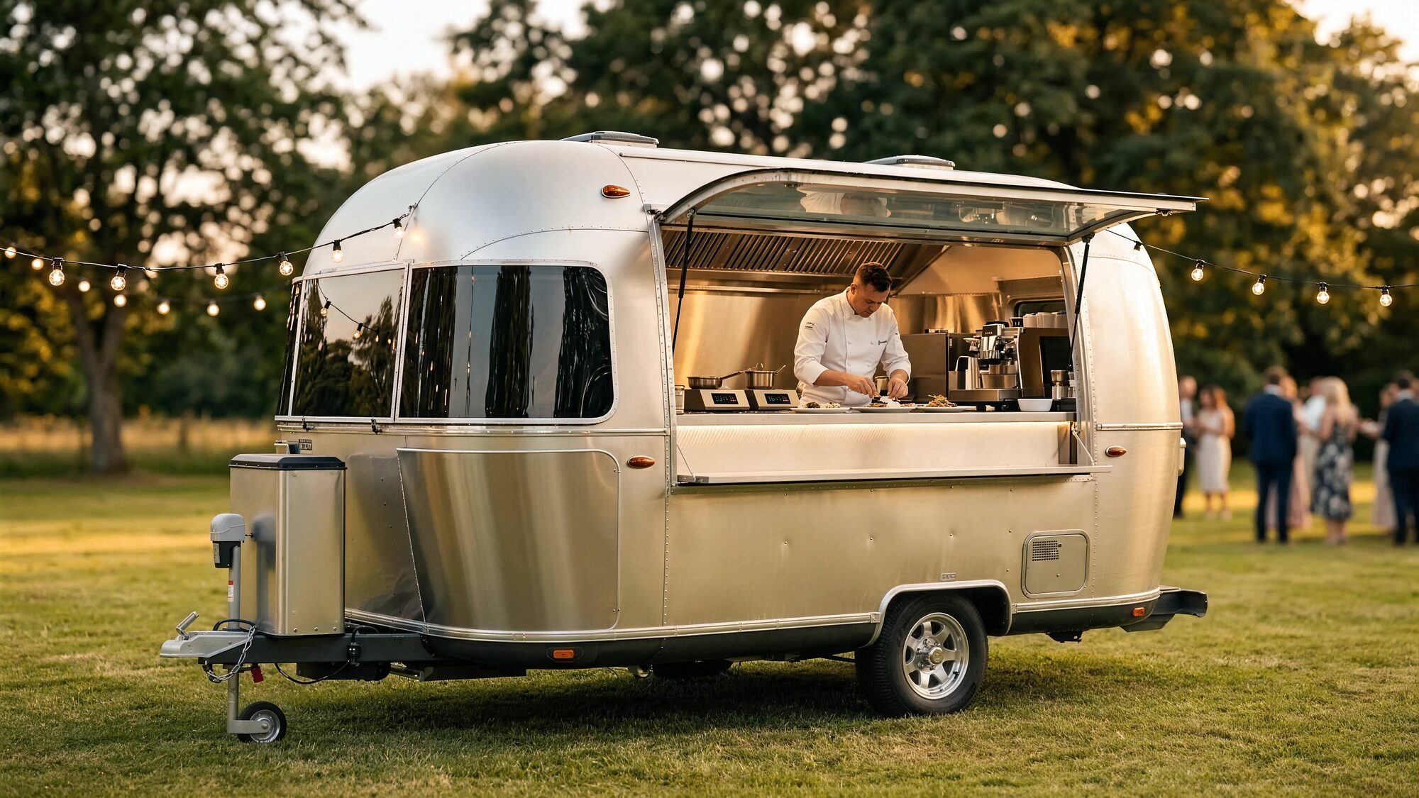 Airstream-Trailer von Potato Brothers mit geöffneter Ausgabeklappe bei einem Abendevent, ein Koch bereitet Speisen zu.