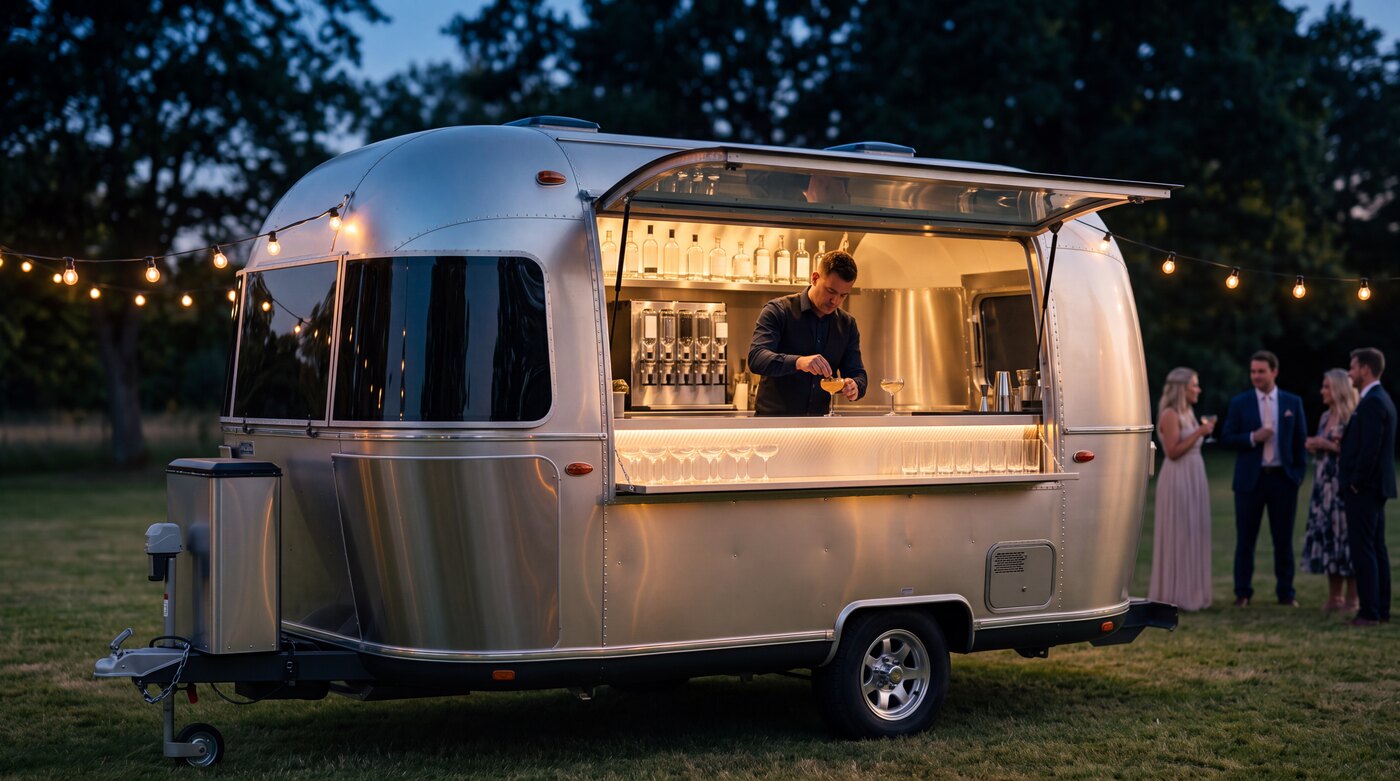 Der Airstream als Eventbar in der blauen Stunde: beleuchtete Theke, Gläser und Cocktailanlage.
