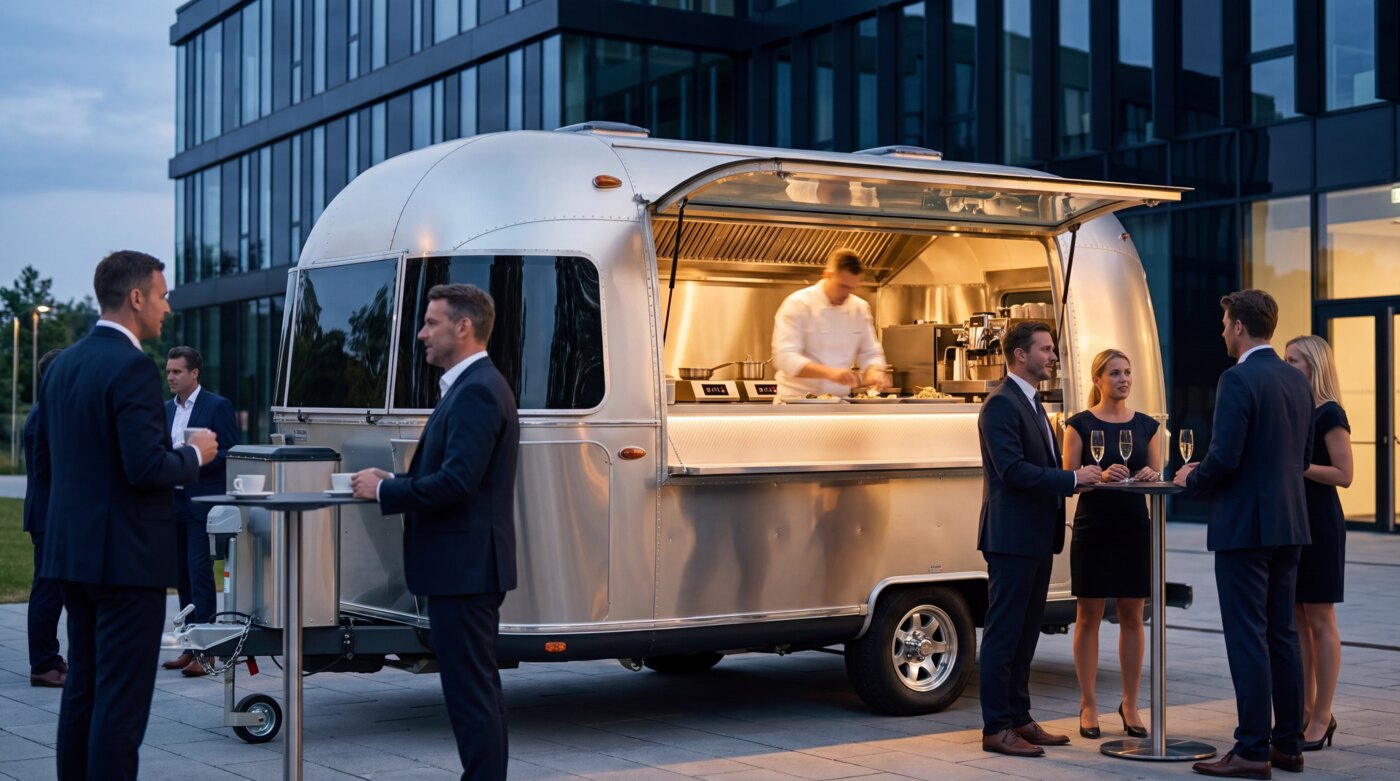 Der Airstream bei einer Firmenveranstaltung vor moderner Glasarchitektur in der Dämmerung.