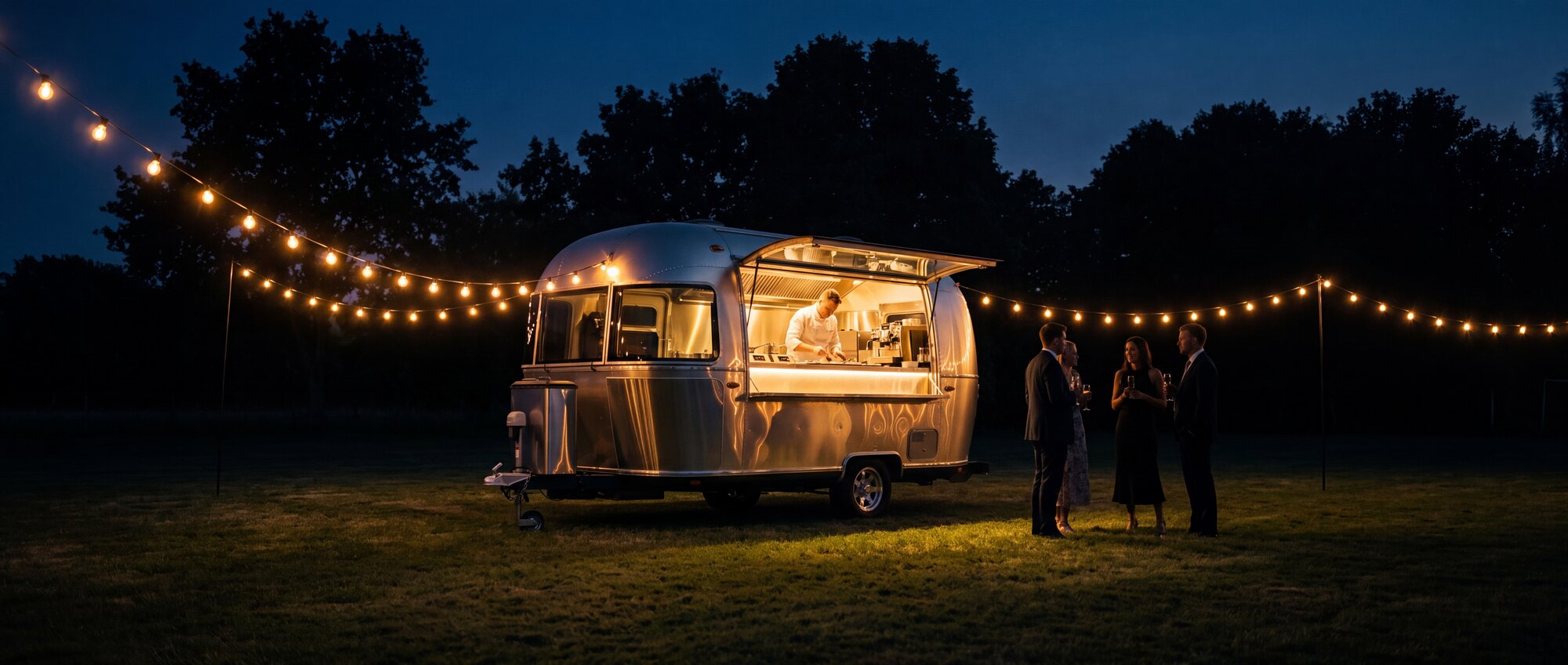 Der Airstream von Potato Brothers bei Nacht: Markise ausgefahren, warmes Licht, Gäste unter Lichterketten.