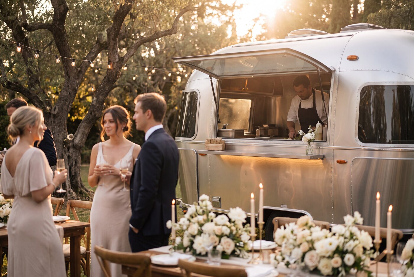 Der Airstream als Mittelpunkt einer Hochzeit im Garten, Lichterketten und Gäste im Abendlicht.