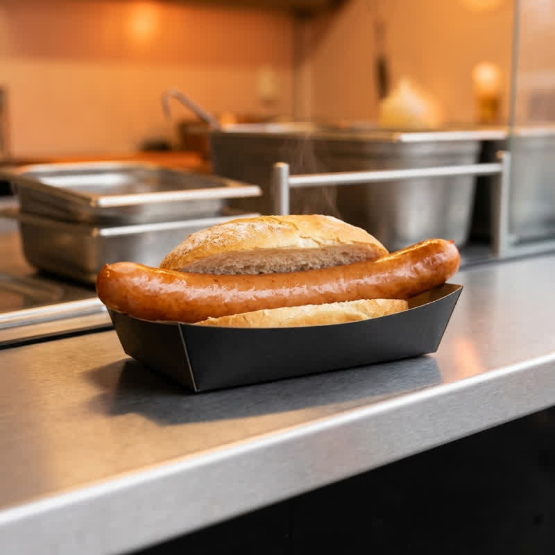 Bockwurst in a bun in a black cardboard tray on the stainless-steel counter of the food container
