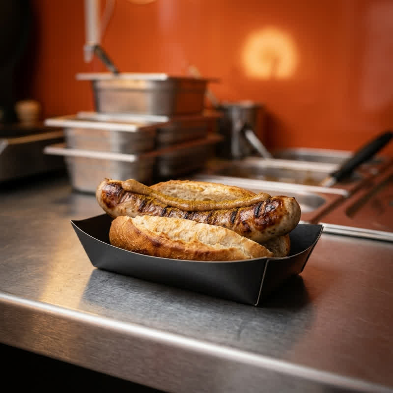 Bratwurst in a bun in a black cardboard tray on the stainless-steel counter of the food container