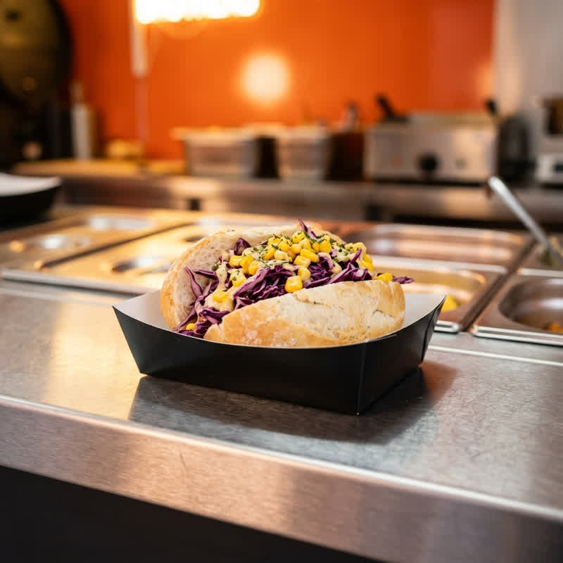 Bun filled with corn and red cabbage in a black cardboard tray on the stainless-steel counter of the food container