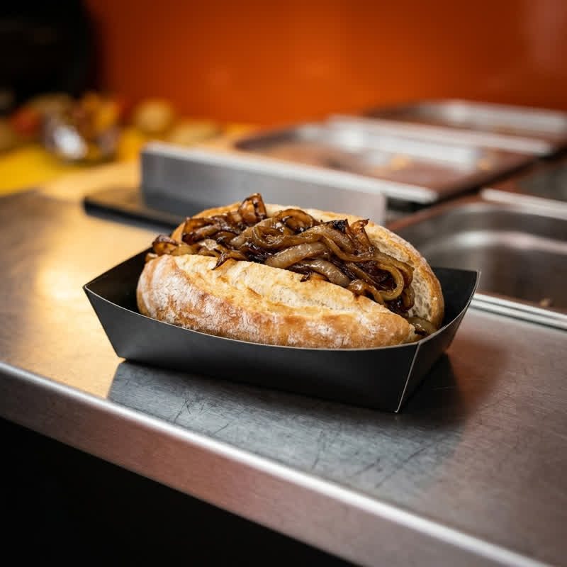 Bun with roasted onions in a black cardboard tray on the stainless-steel counter of the food container