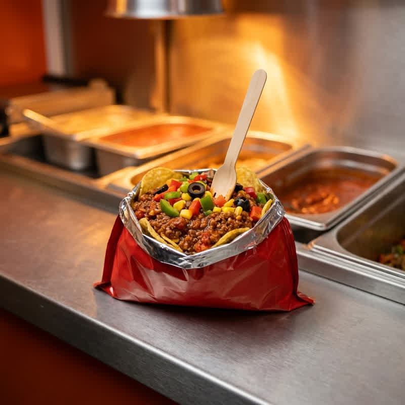 Chip bag loaded with hearty toppings on the stainless-steel counter of the food container
