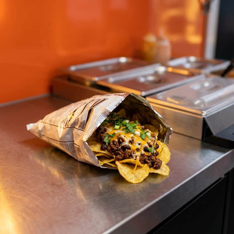 Chipsbag mit Chili con Carne auf der Edelstahltheke im Foodcontainer