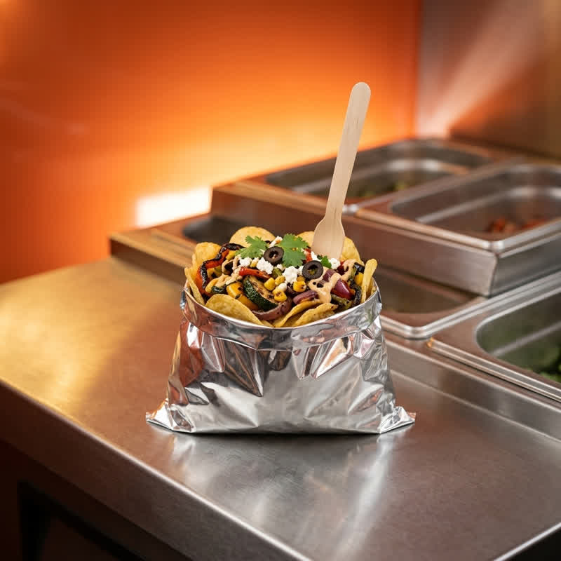 Chipsbag with vegetarian toppings on the stainless-steel counter of the food container