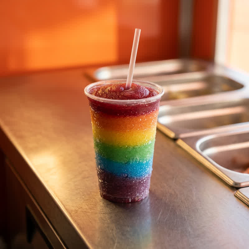 Colorful layered slush cocktail in a cup on the stainless-steel counter of the food container