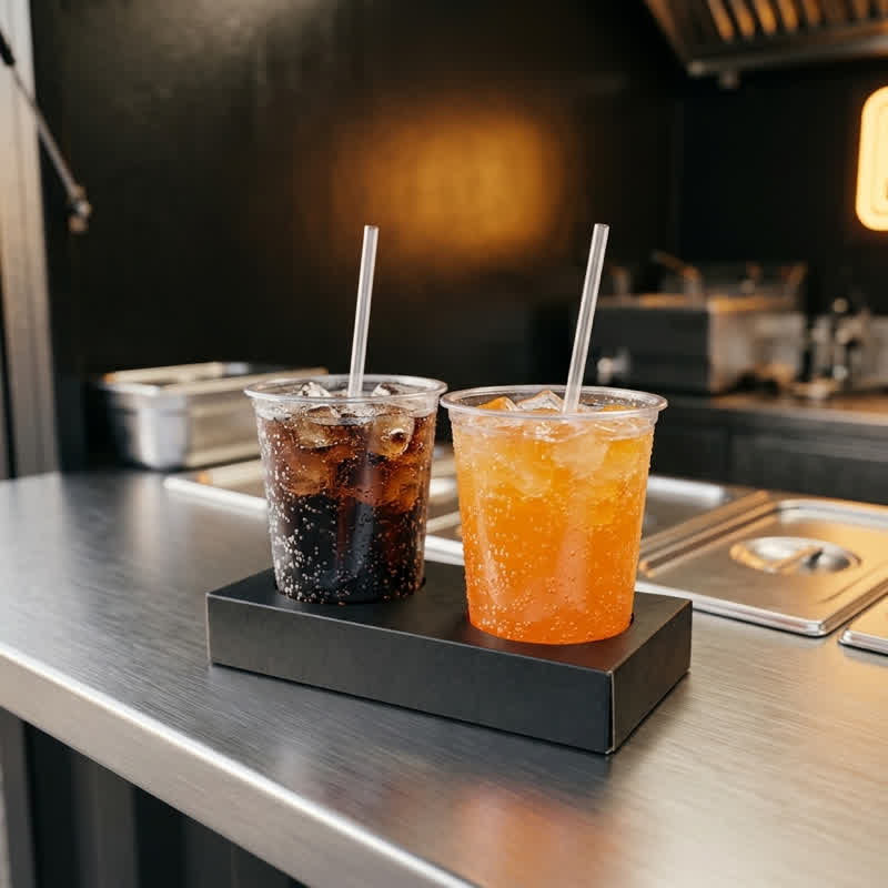 Two cups of cold soft drinks with ice on the stainless-steel counter of the food container