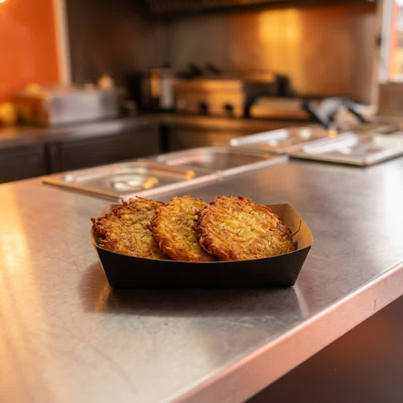 Three potato pancakes in a black cardboard tray on the stainless-steel counter of the food container