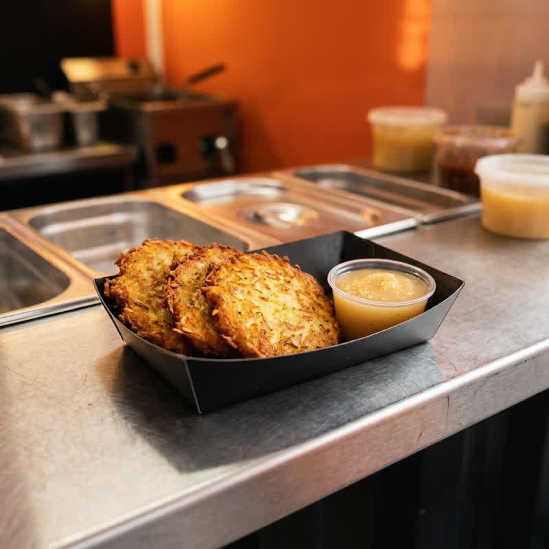 Potato pancakes with applesauce in a black cardboard tray on the stainless-steel counter of the food container