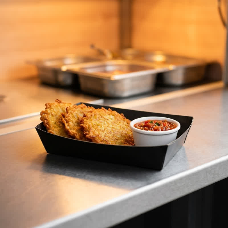 Potato pancakes with a salsa dip in a black cardboard tray on the stainless-steel counter of the food container
