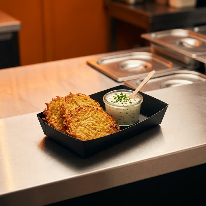 Potato pancakes with herb quark dip in a black cardboard tray on the stainless-steel counter of the food container