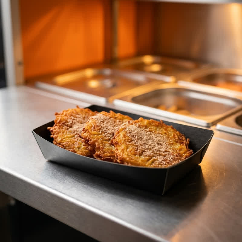 Potato pancakes dusted with cinnamon sugar in a black cardboard tray on the stainless-steel counter of the food container