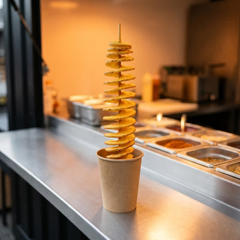 Potato spiral on a wooden skewer in a kraft paper cup on the stainless-steel counter of the food container