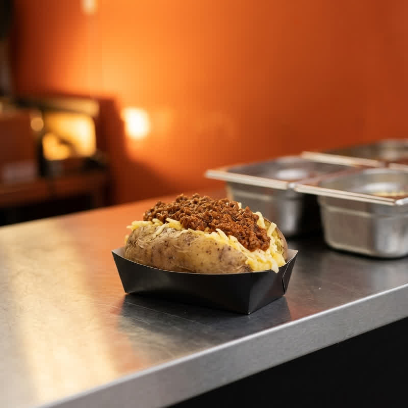 Kumpir topped with bolognese in a black cardboard tray on the stainless-steel counter of the food container