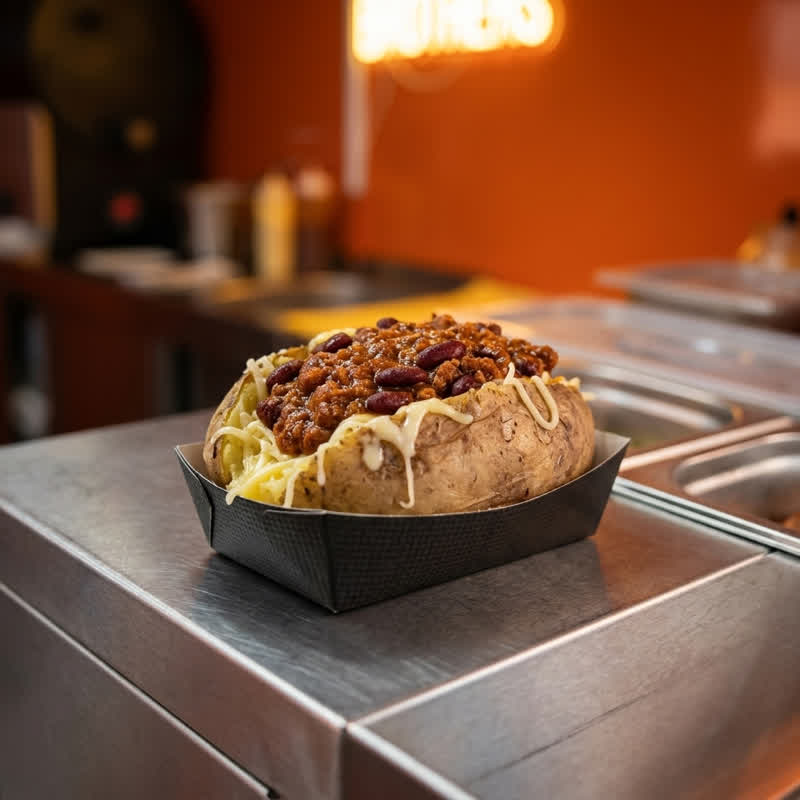 Kumpir topped with chili con carne in a black cardboard tray on the stainless-steel counter of the food container