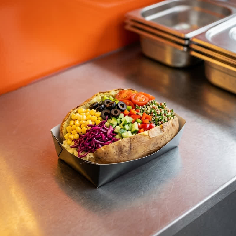 Vegan kumpir with vegetable toppings in a black cardboard tray on the stainless-steel counter of the food container