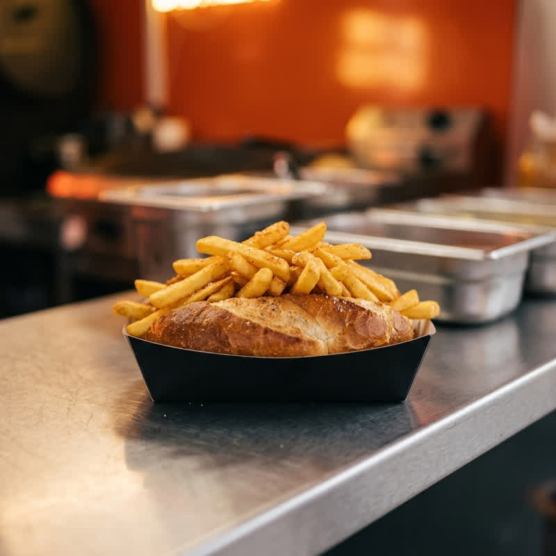 Bun filled with fries in a black cardboard tray on the stainless-steel counter of the food container