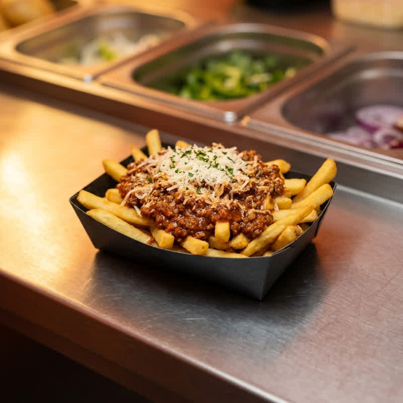 Fries topped with bolognese and cheese in a black cardboard tray on the stainless-steel counter of the food container