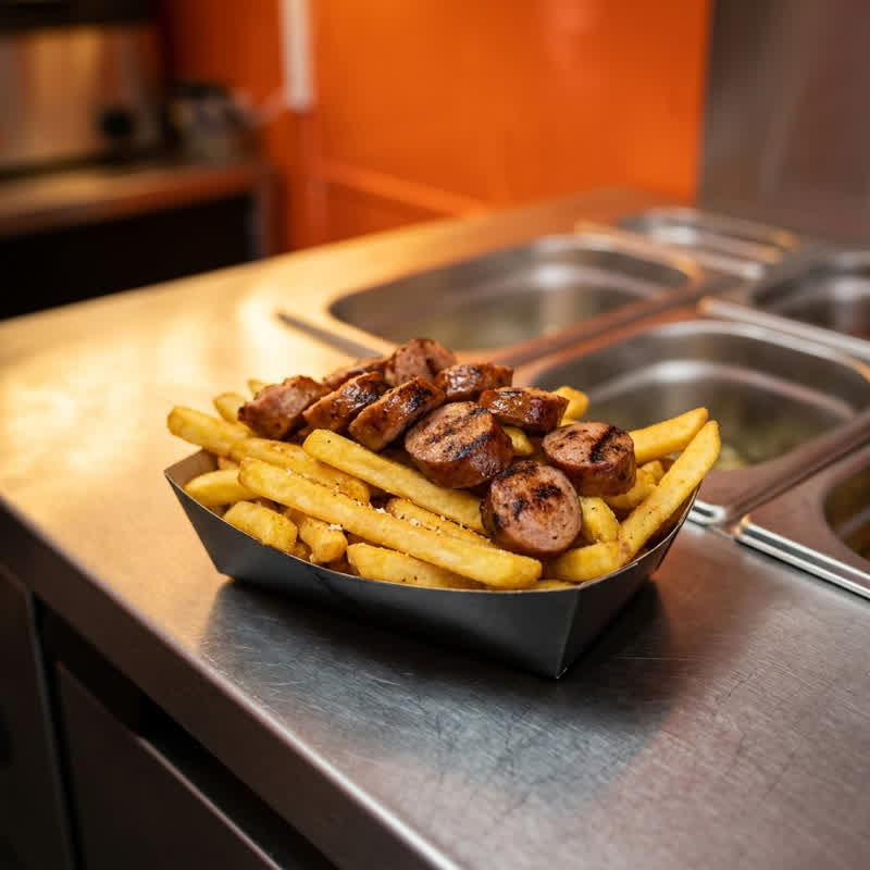 Pommes mit gegrillten Bratwurststücken in schwarzer Pappschale