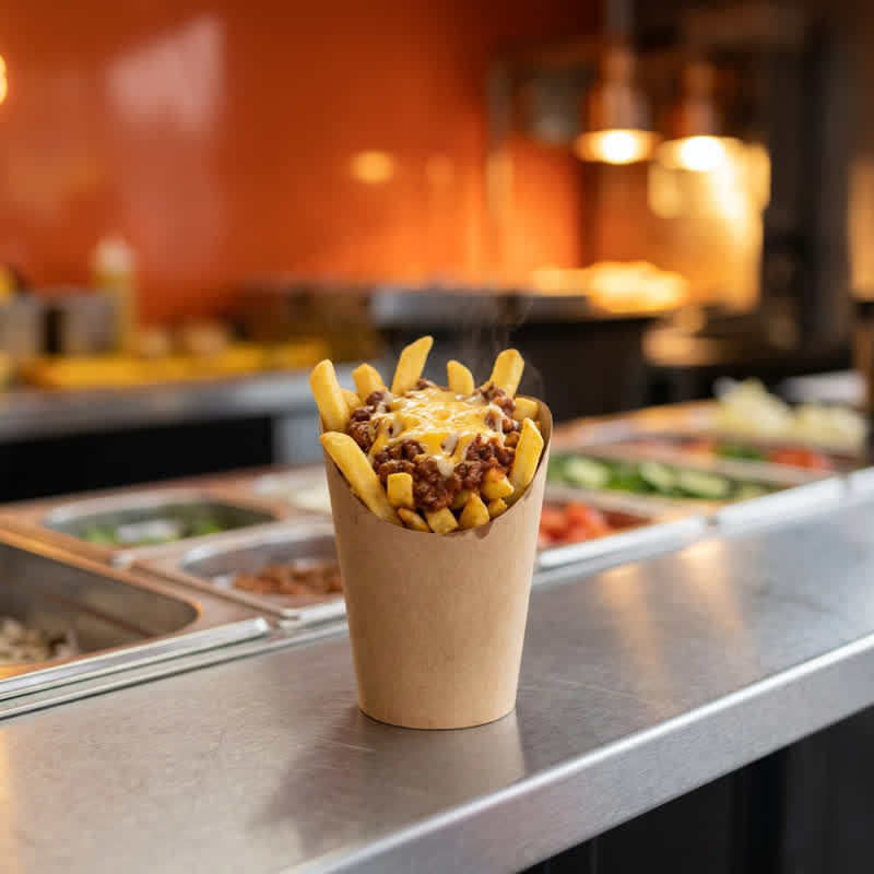 Pommes mit Chili con Carne in schwarzer Pappschale auf der Edelstahltheke im Foodcontainer