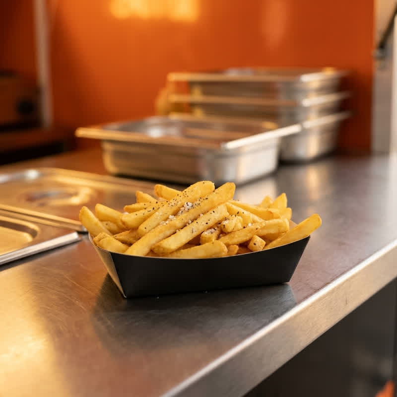 Fries in a black cardboard tray on the stainless-steel counter of the food container