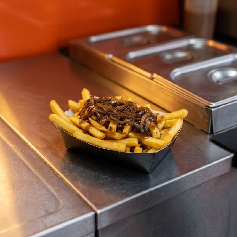 Fries topped with grilled onions in a black cardboard tray on the stainless-steel counter of the food container