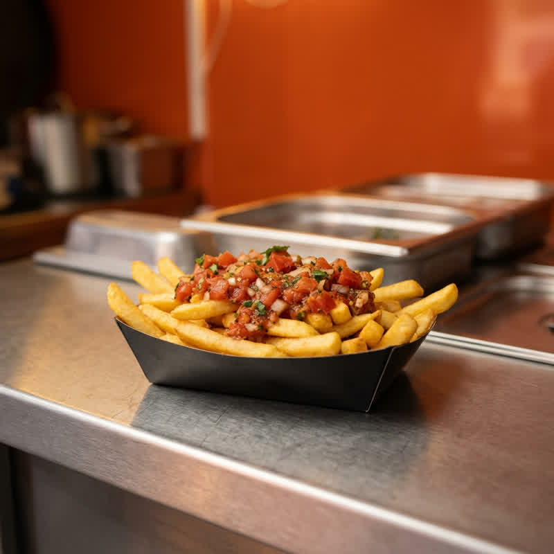 Fries topped with tomato salsa in a black cardboard tray on the stainless-steel counter of the food container