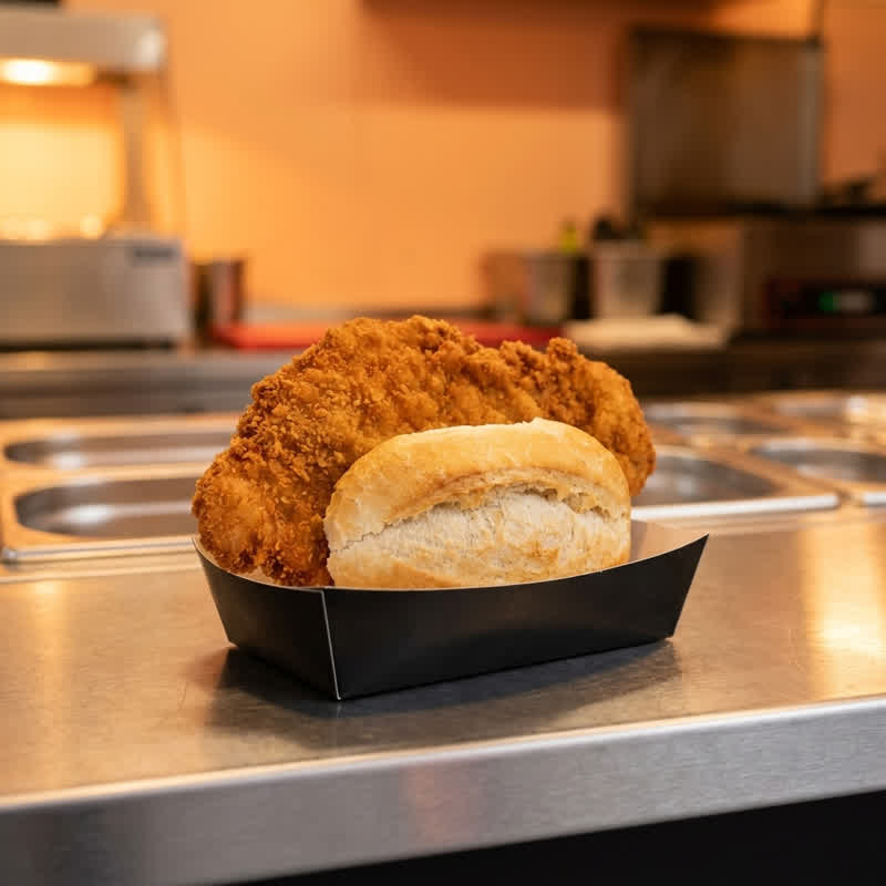 Paniertes Schnitzel im Brötchen in schwarzer Pappschale auf der Edelstahltheke im Foodcontainer