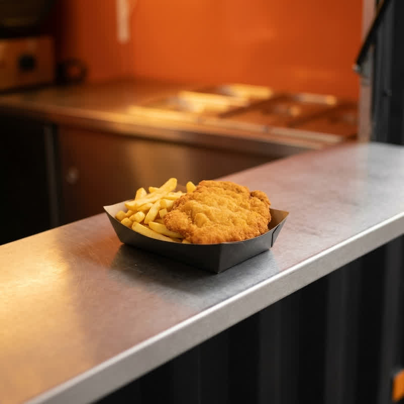 Schnitzel with fries in a black cardboard tray on the stainless-steel counter of the food container