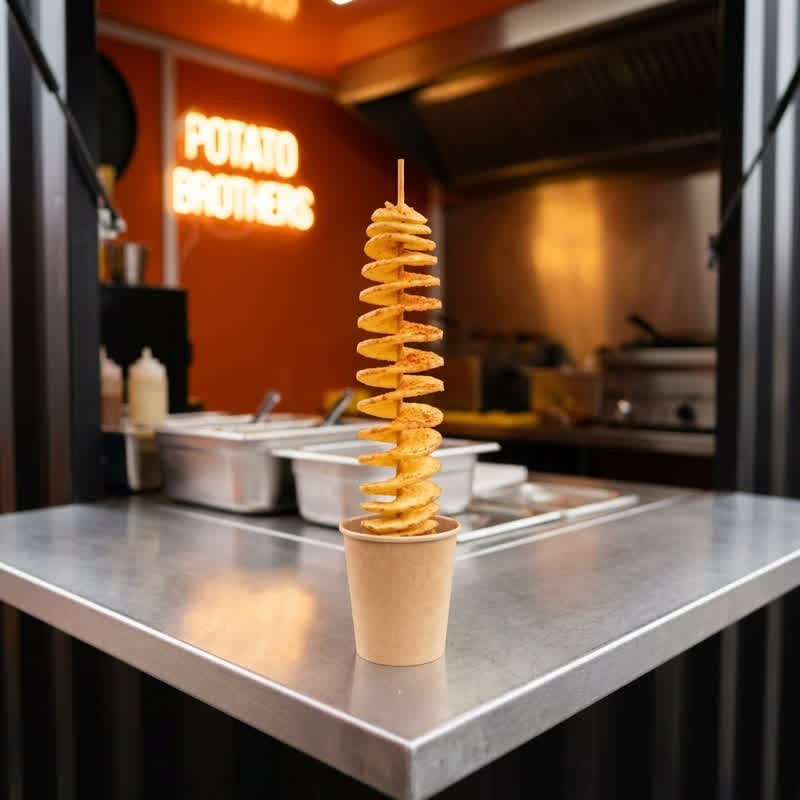 Potato spiral seasoned with paprika on a wooden skewer in a kraft paper cup on the stainless-steel counter of the food container